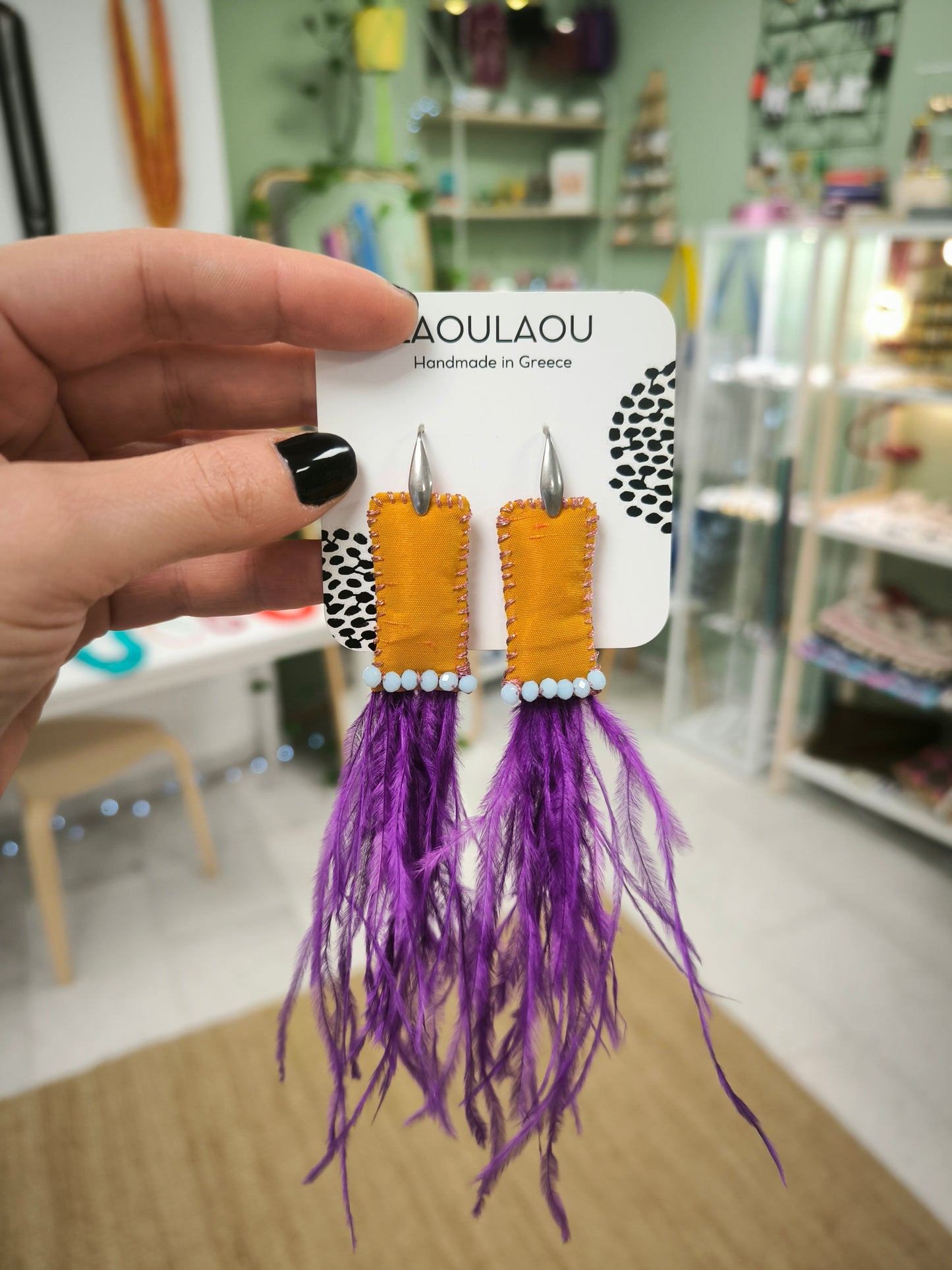 KEEPSAKE Yellow silk and purple ethereal feather earrings