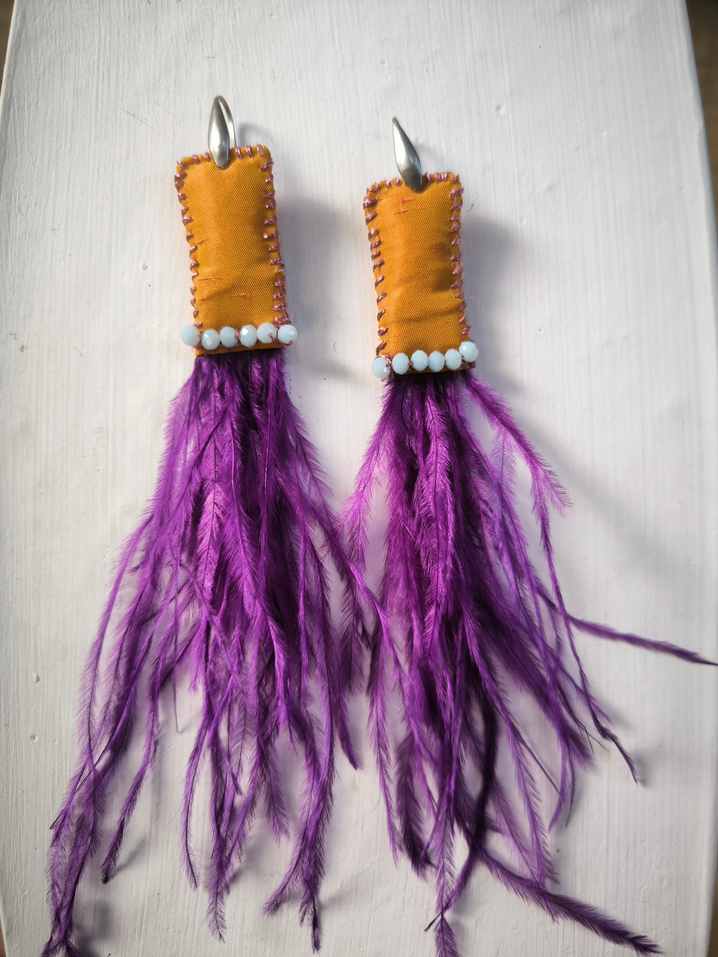 KEEPSAKE Yellow silk and purple ethereal feather earrings