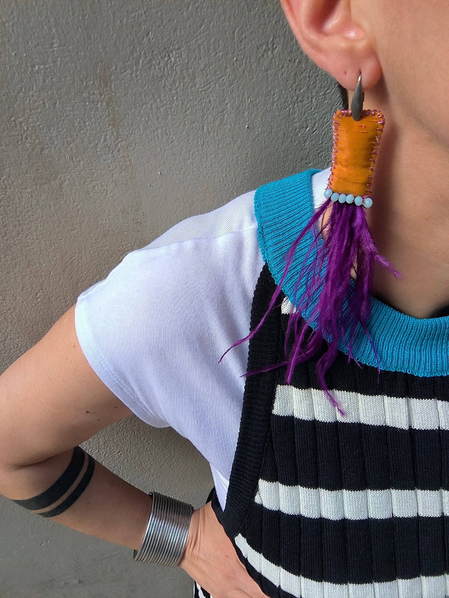 KEEPSAKE Yellow silk and purple ethereal feather earrings