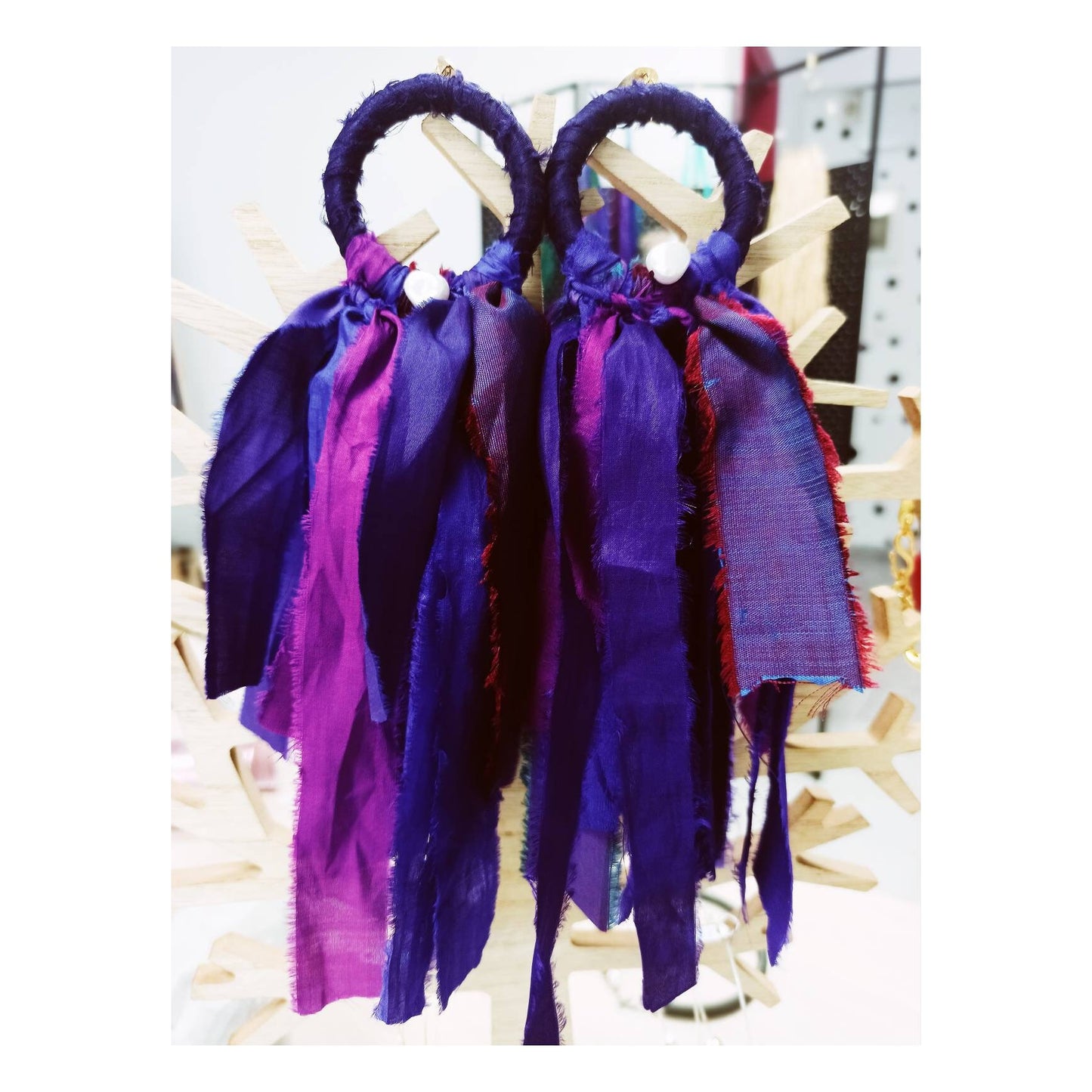 VIOLA extra long purple silk earrings