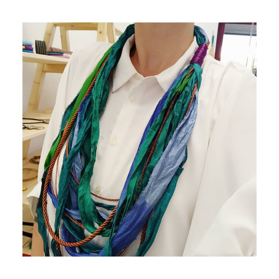 METAXIA GREEN Long Silk Statement Necklace