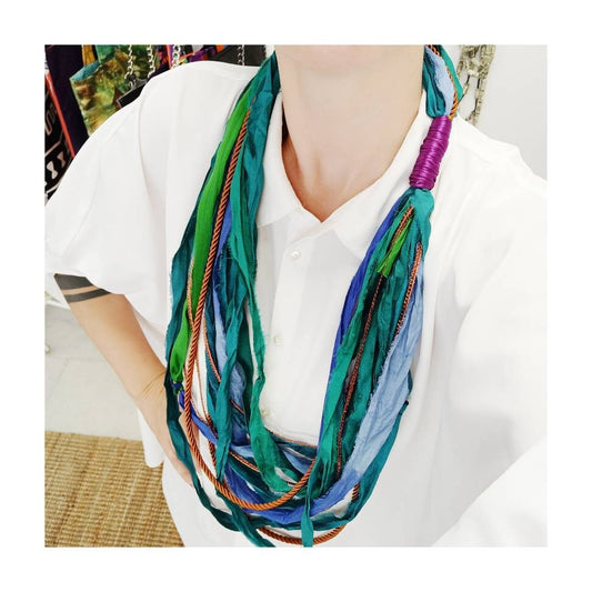 METAXIA GREEN Long Silk Statement Necklace